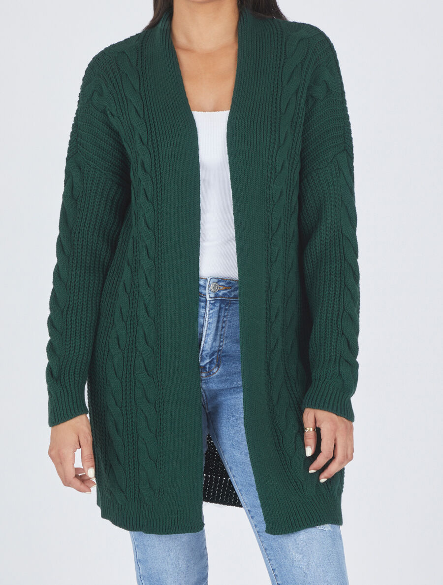 Gilet long ouvert en maille - Vert - 4