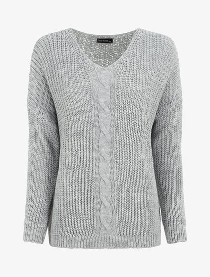 Pull uni à col V et torsade - Gris - 4