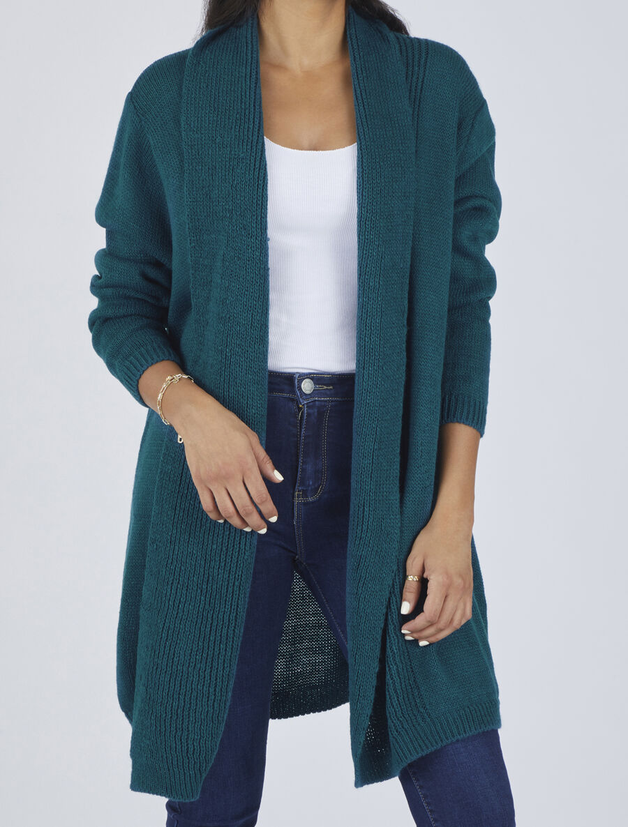 Gilet mi-long ouvert en maille - Bleu canard - 4