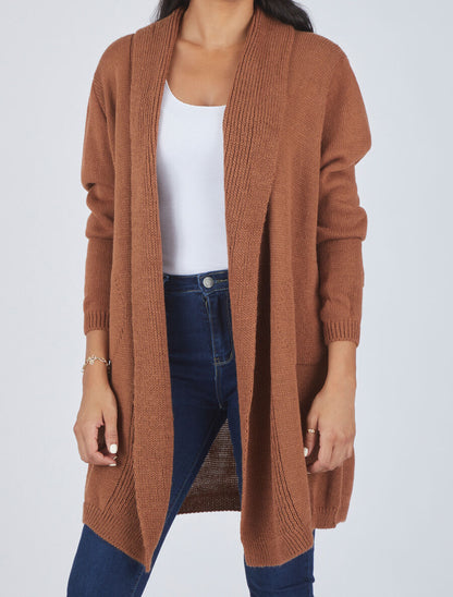 Gilet mi-long ouvert en maille - Camel - 4