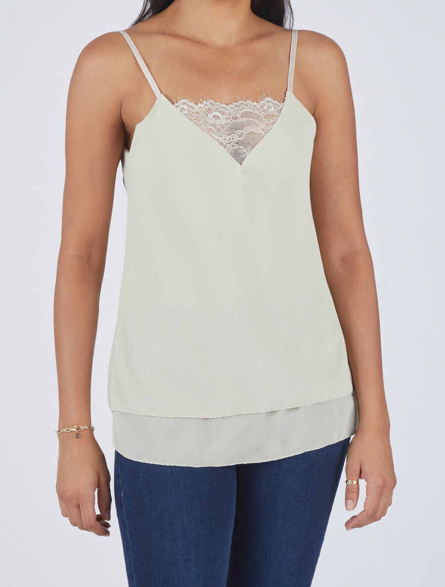 Caraco à col V en dentelle - Beige - 4