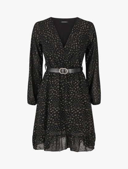 Robe mi-longue cache-coeur à imprimé graphique doré - Noir - 5