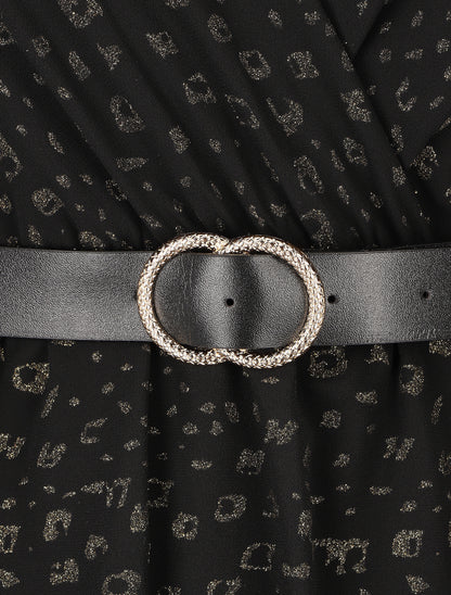 Robe mi-longue cache-coeur à imprimé graphique doré - Noir - 3