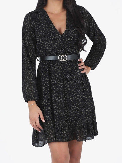 Robe mi-longue cache-coeur à imprimé graphique doré - Noir - 4