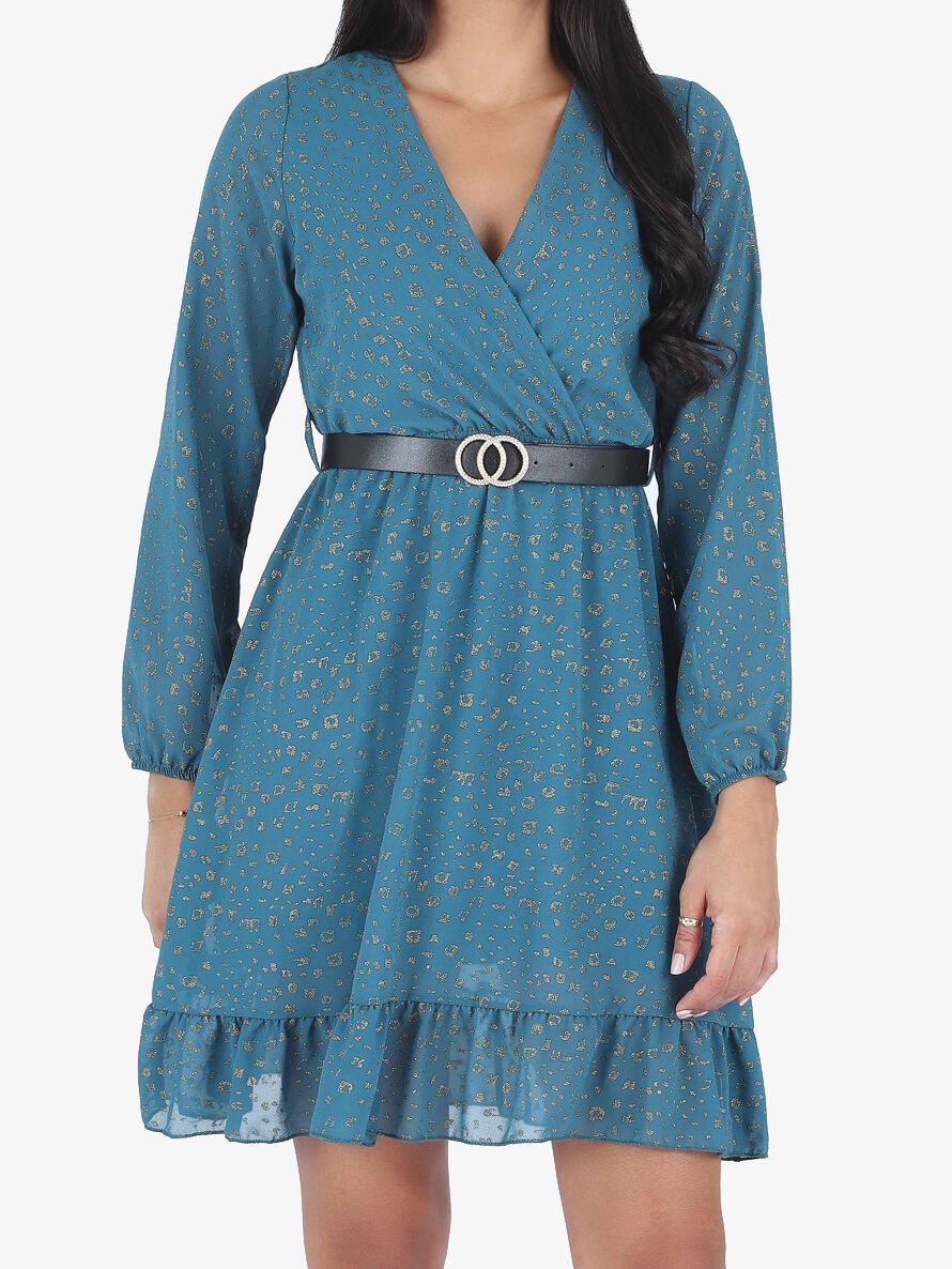 Robe mi-longue cache-coeur à imprimé graphique doré - Bleu canard - 4