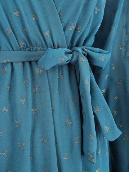 Robe élastiquée imprimée feuilles irisées - Bleu canard - 3