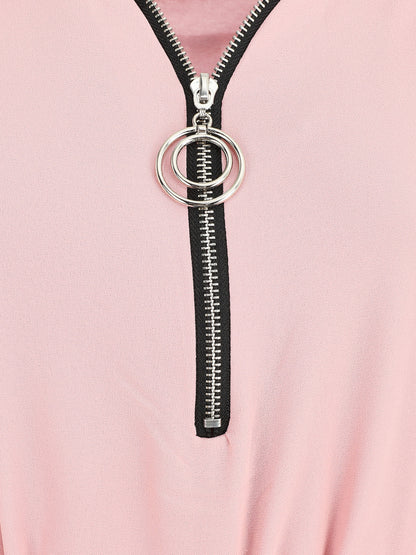 Robe en voile à col V zippée - Rose - 3