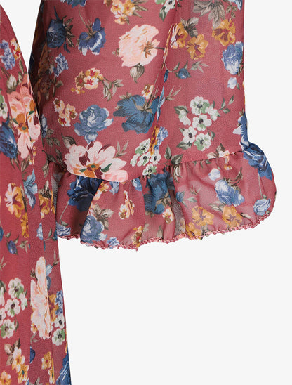 Robe cache-coeur à manches transparentes imprimé fleuri - Vieux rose - 3