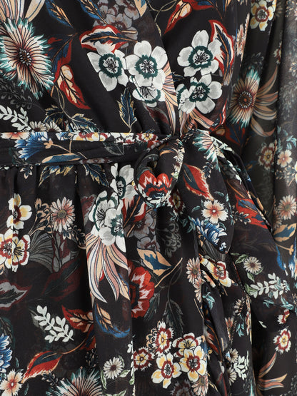 Robe à volants imprimé fleurs baroques - Noir - 3