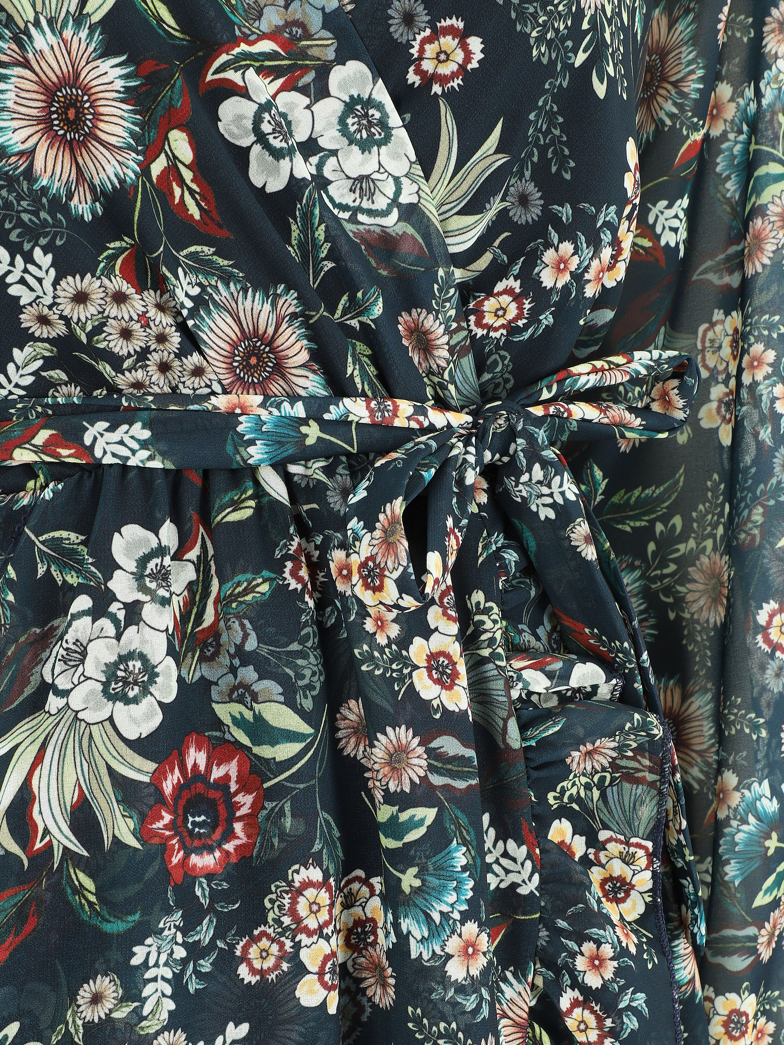 Robe à volants imprimé fleurs baroques - Bleu foncé - 3