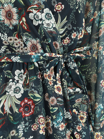 Robe à volants imprimé fleurs baroques - Bleu foncé - 3
