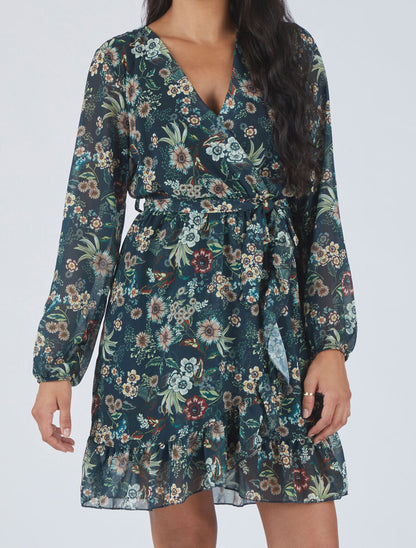 Robe à volants imprimé fleurs baroques - Bleu foncé - 4