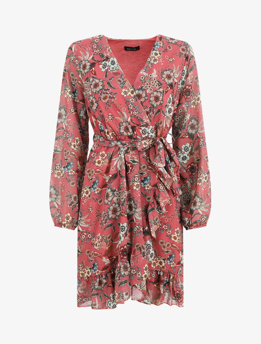 Robe à volants imprimé fleurs baroques - Vieux rose - 5