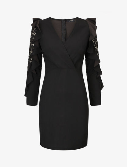 Robe unie à manches longues volantées en dentelle - Noir - 1