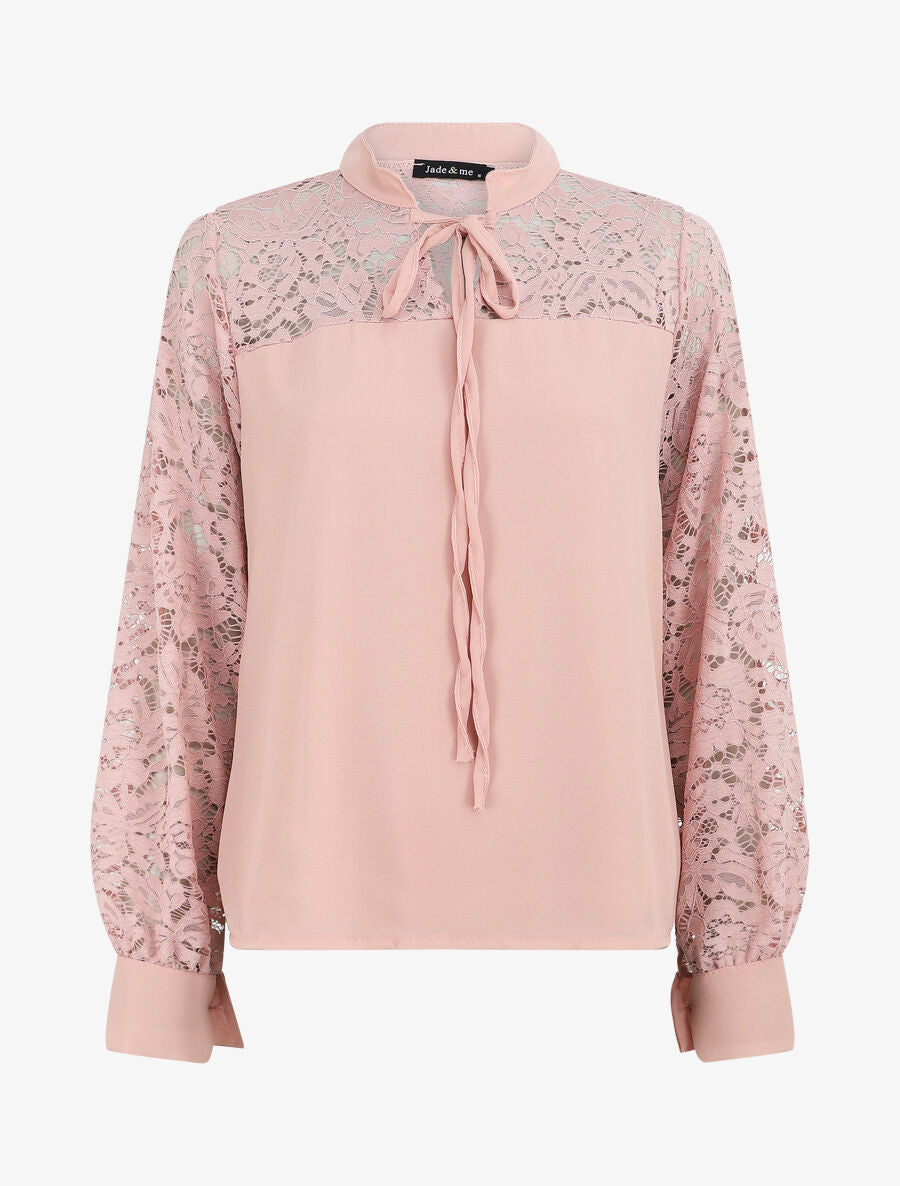 Blouse à manches longues ajourées en dentelle - Vieux rose - 1