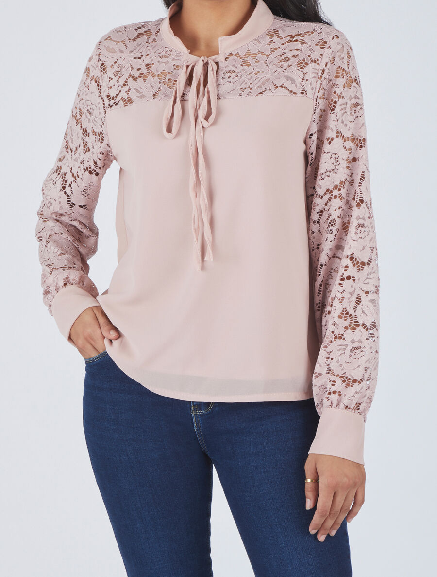 Blouse à manches longues ajourées en dentelle - Vieux rose - 4