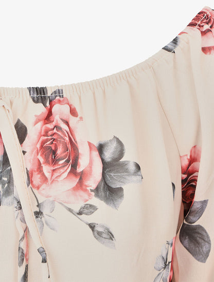 Blouse imprimé grandes fleurs à manches transparentes - Beige - 3