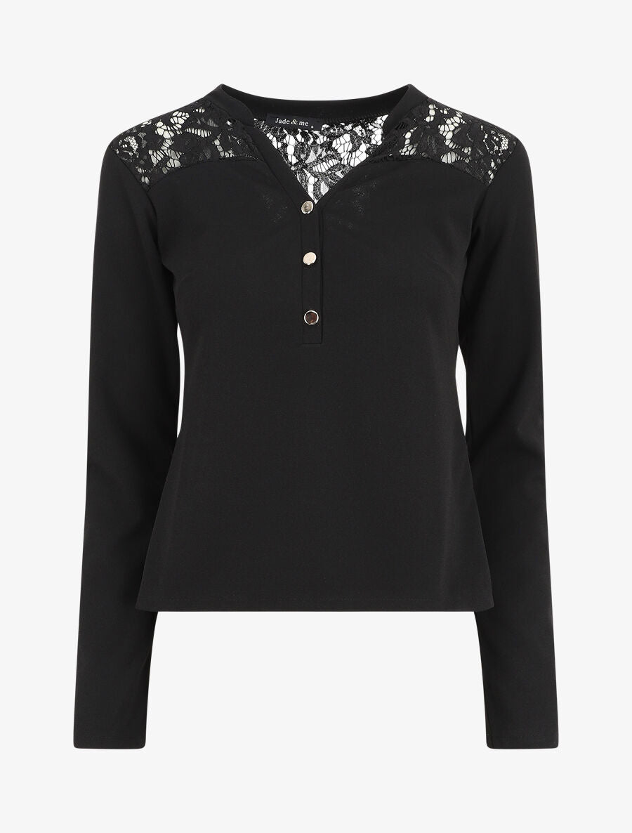 Blouse unie à dentelle - Noir - 1