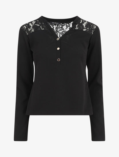 Blouse unie à dentelle - Noir - 1