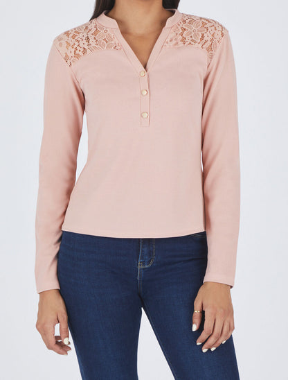 Blouse unie à dentelle - Rose - 4
