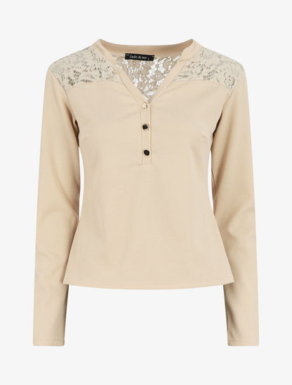 Blouse unie à dentelle - Beige - 5