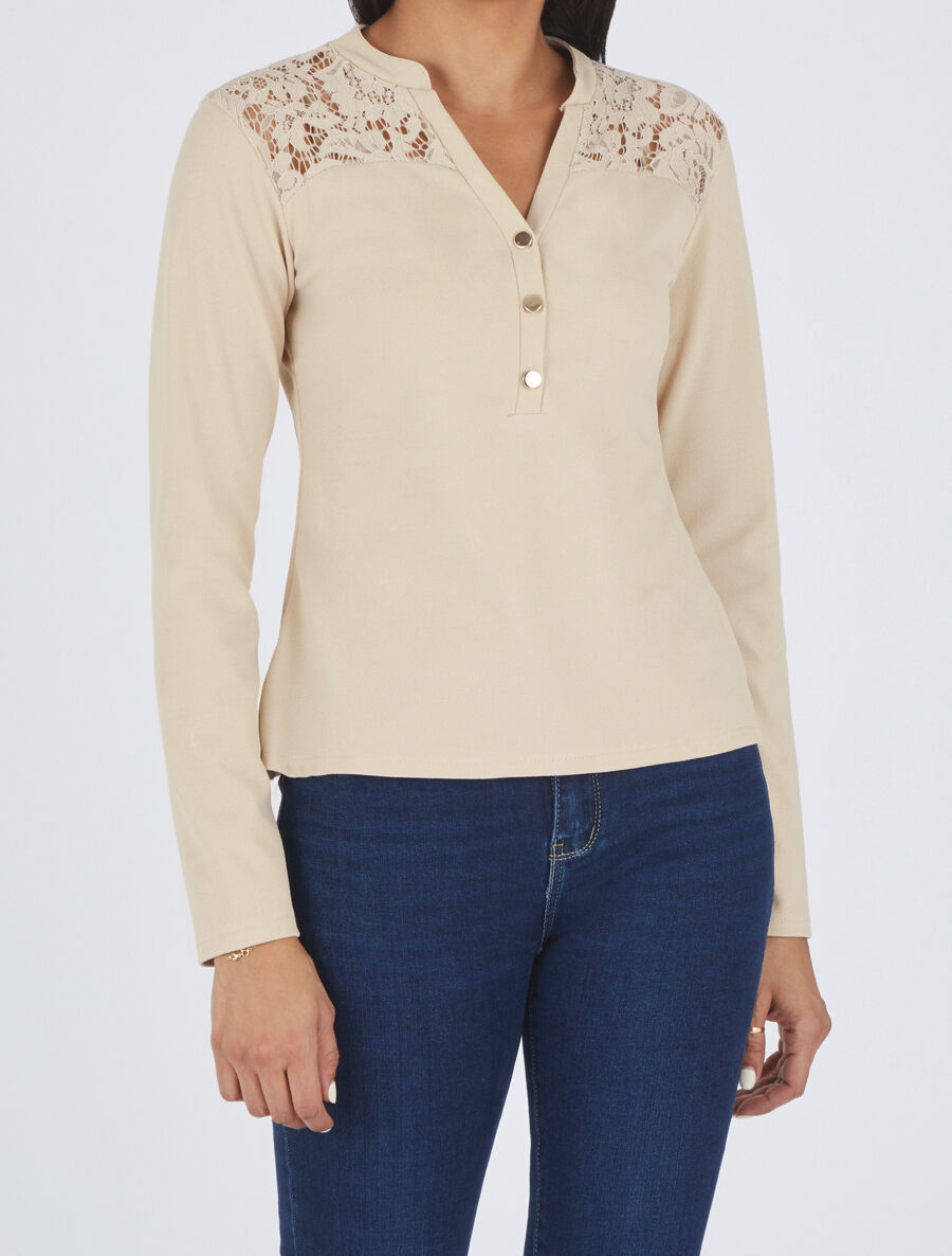 Blouse unie à dentelle - Beige - 4