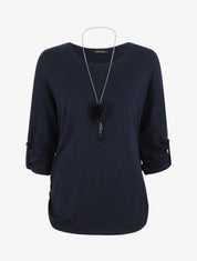 Pull ample uni avec sautoir - Marine - 1