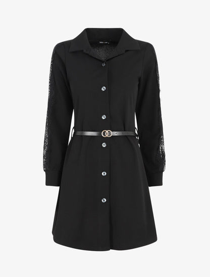 Robe chemise à manches dentelle - Noir - 1