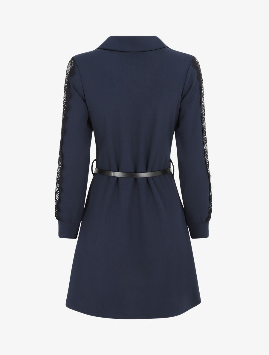 Robe chemise à manches dentelle - Marine - 2