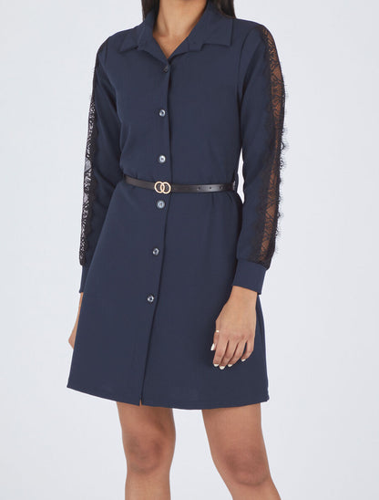 Robe chemise à manches dentelle - Marine - 4