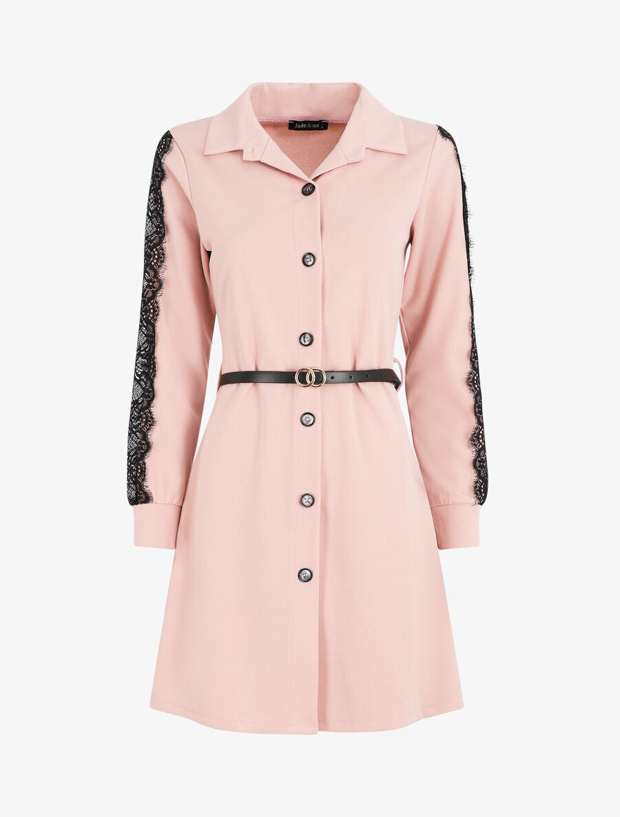 Robe chemise à manches dentelle - Rose - 1