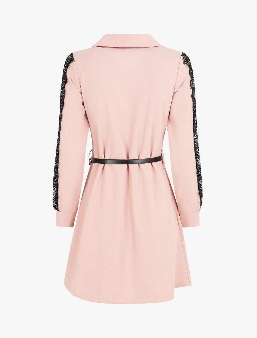 Robe chemise à manches dentelle - Rose - 2