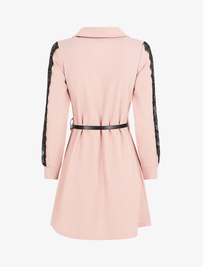 Robe chemise à manches dentelle - Rose - 2