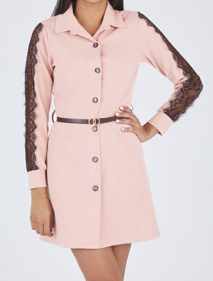 Robe chemise à manches dentelle - Rose - 4