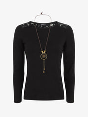Pull uni à épaules dentelle - Noir - 1