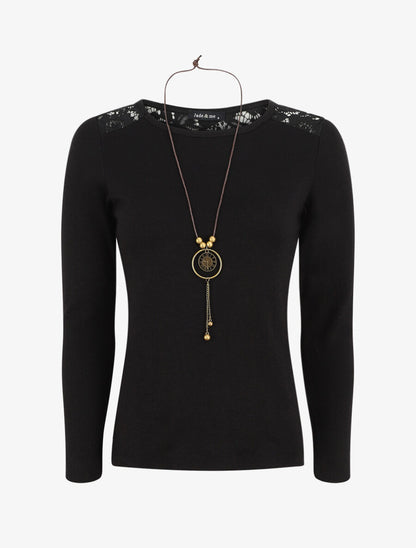 Pull uni à épaules dentelle - Noir - 1