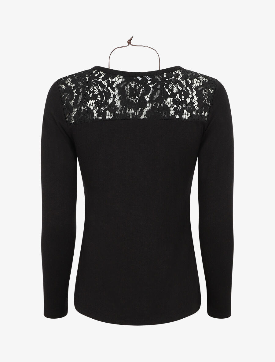 Pull uni à épaules dentelle - Noir - 2