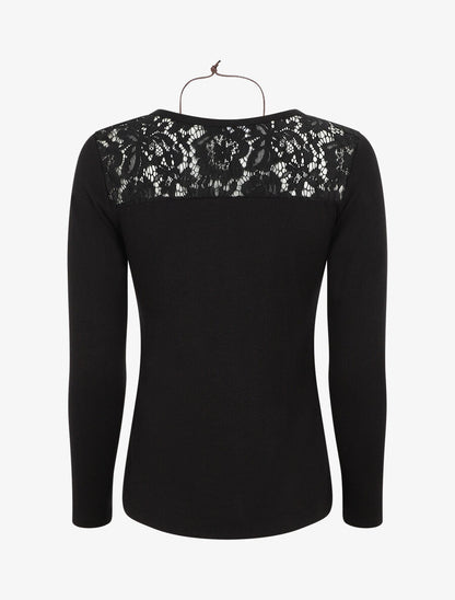 Pull uni à épaules dentelle - Noir - 2