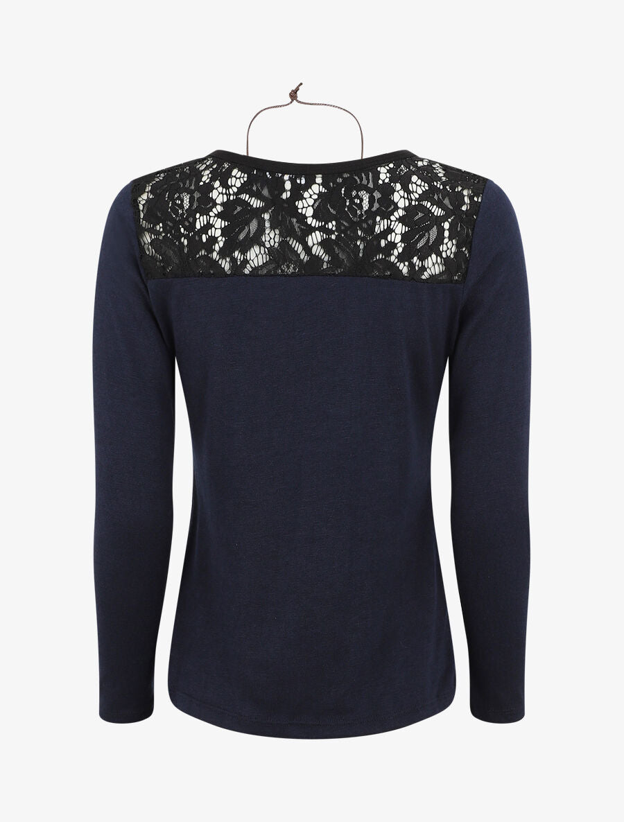 Pull uni à épaules dentelle - Marine - 2