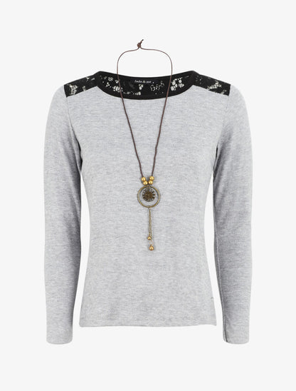 Pull uni à épaules dentelle - Gris - 5