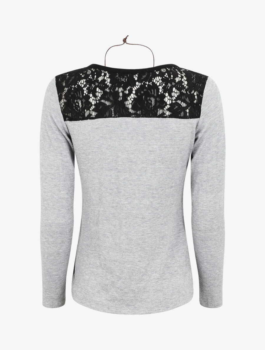 Pull uni à épaules dentelle - Gris - 2