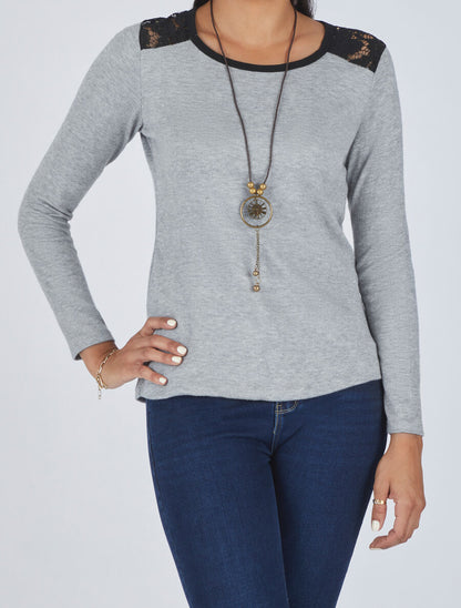 Pull uni à épaules dentelle - Gris - 4
