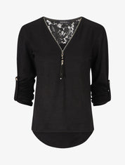Pull à manches retroussables et dentelle - Noir - 1