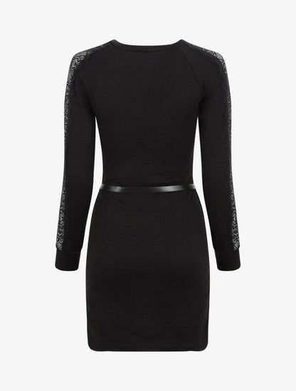 Robe pull courte à manches dentelle - Noir - 2