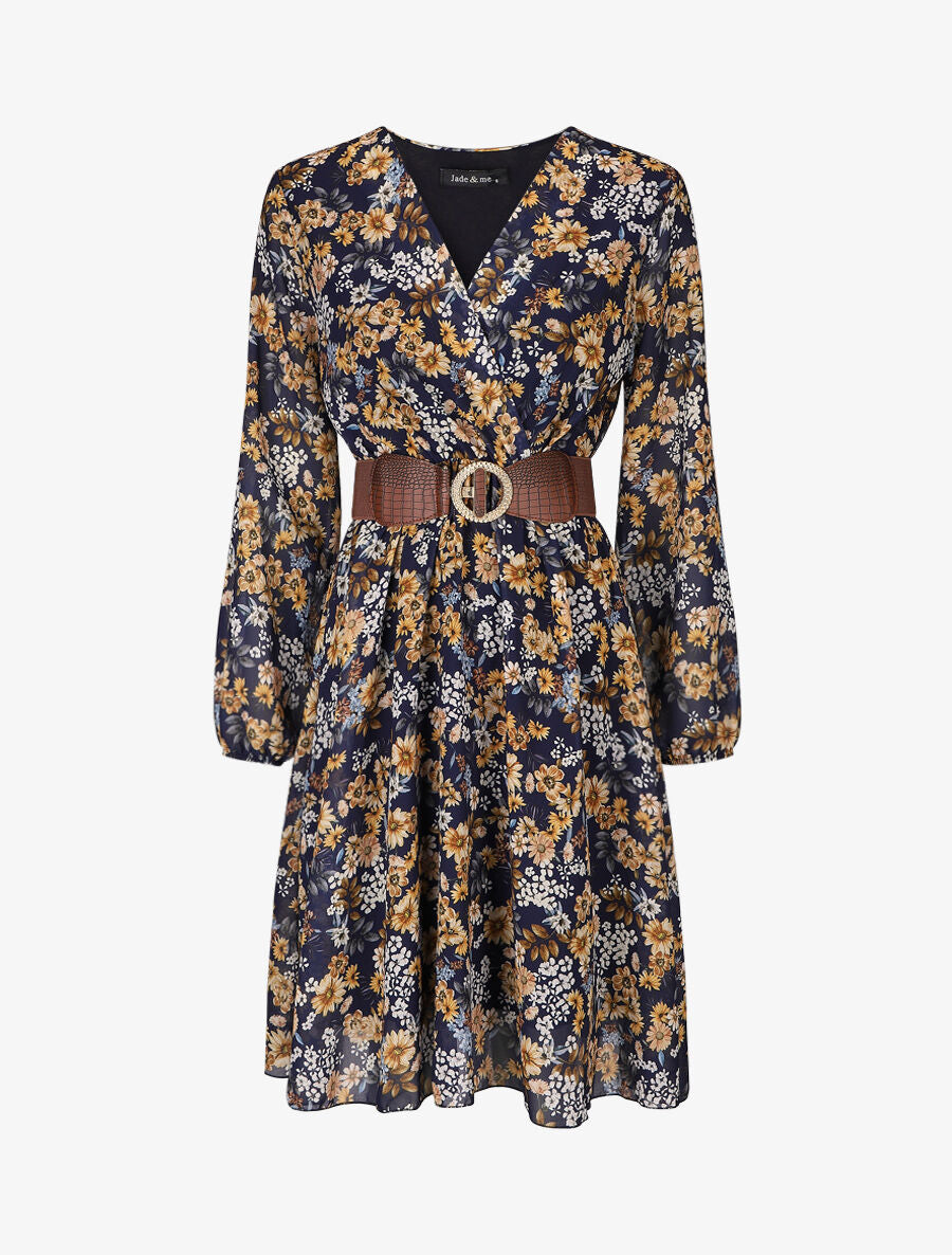 Robe fleuri col cache-coeur - Marine - 5