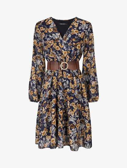 Robe fleuri col cache-coeur - Marine - 5