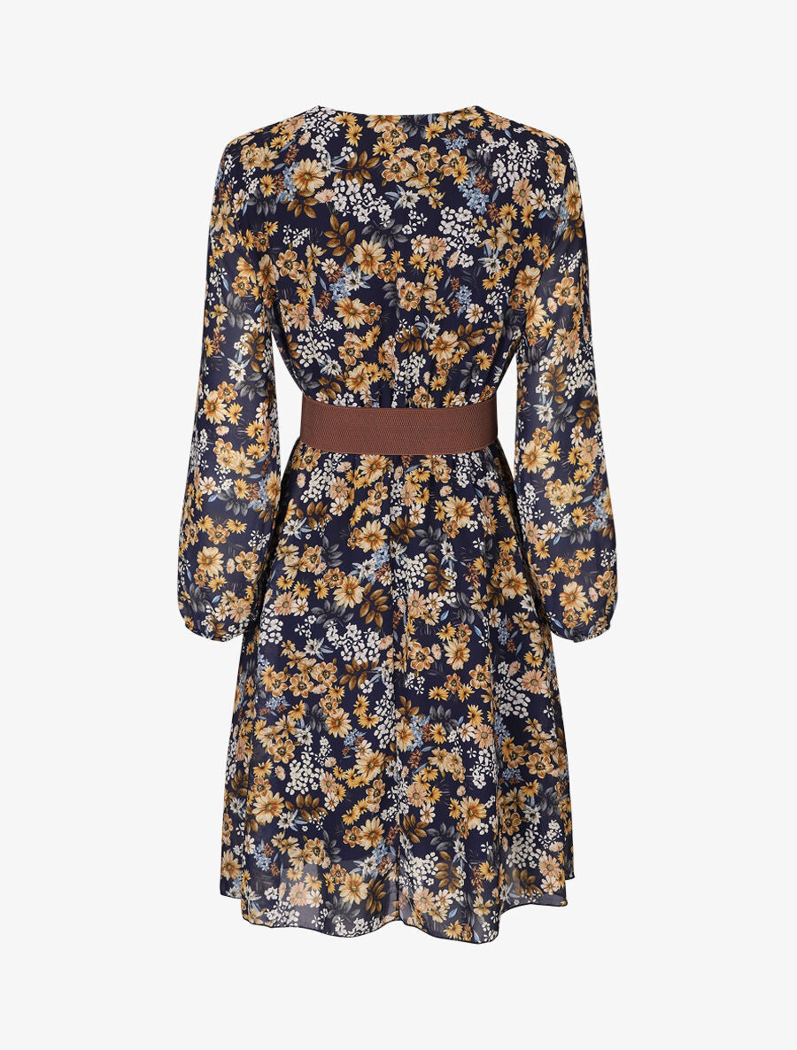 Robe fleuri col cache-coeur - Marine - 2