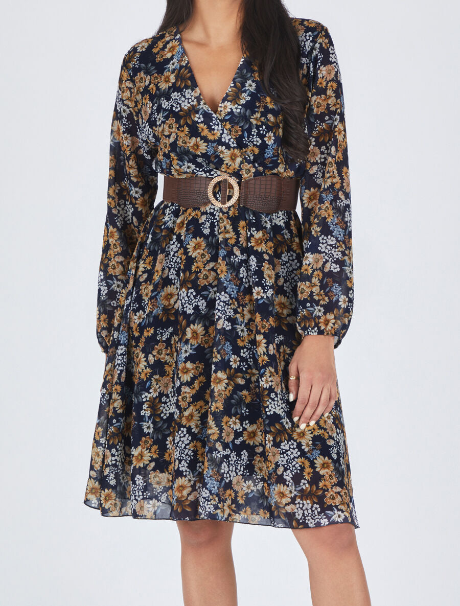 Robe fleuri col cache-coeur - Marine - 4