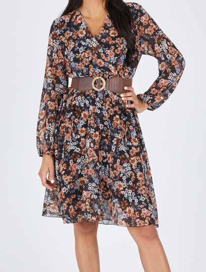 Robe fleuri col cache-coeur - Noir - 4