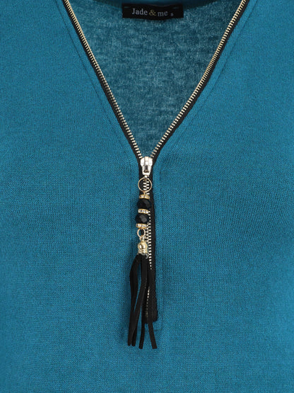 Body en maille uni à col V zippé - Bleu canard - 3